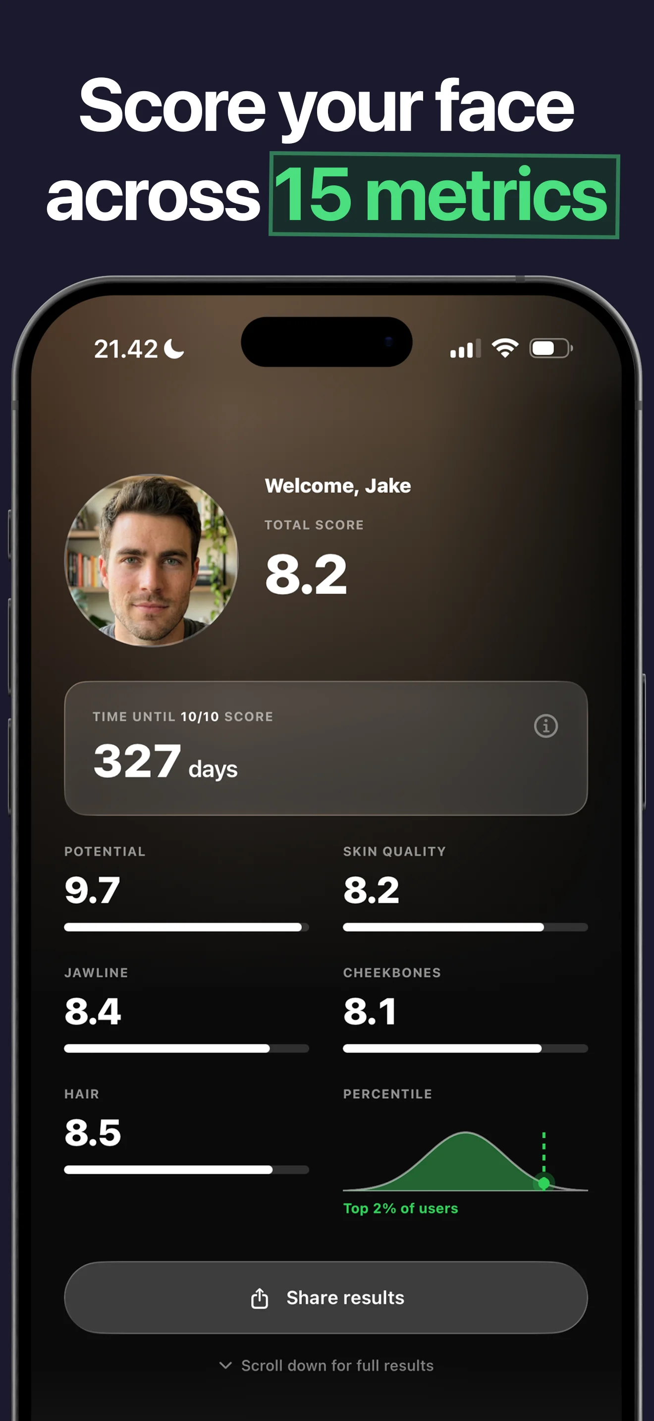 Lookist dashboard with an overall face score, potential, jawline, cheekbones, skin quality, and hair scores