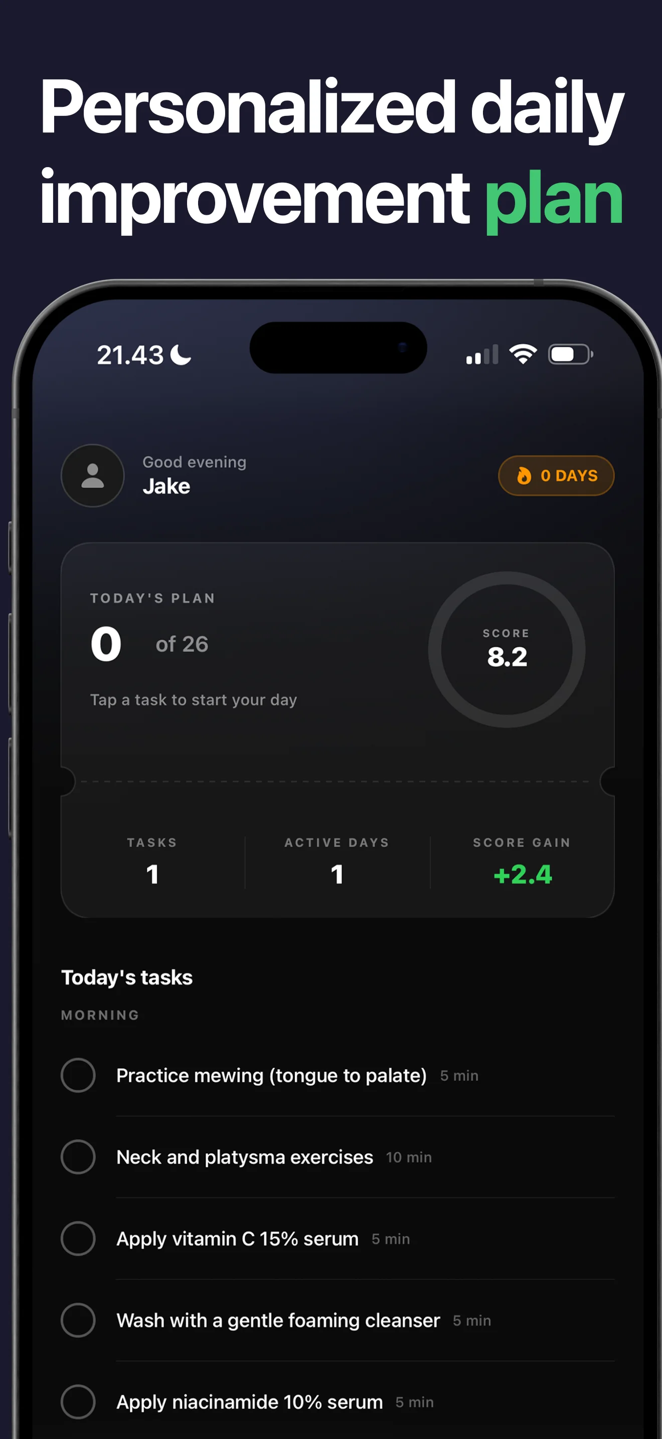 Lookist daily plan with a task count, current score, and a morning checklist