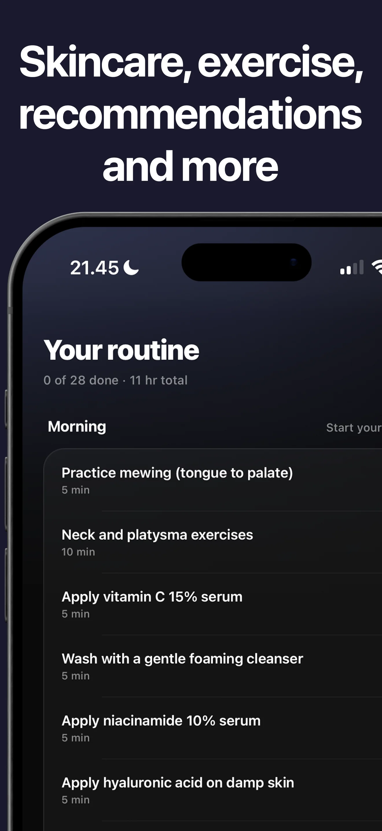 Lookist routine list with morning skin care and exercise tasks and their durations